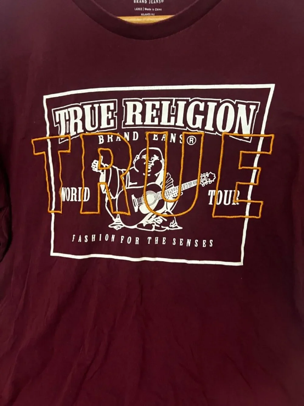 True Religion Brand Jeans Mens Burgundy L T-shirt Buddha Playing Guitar Graphic
